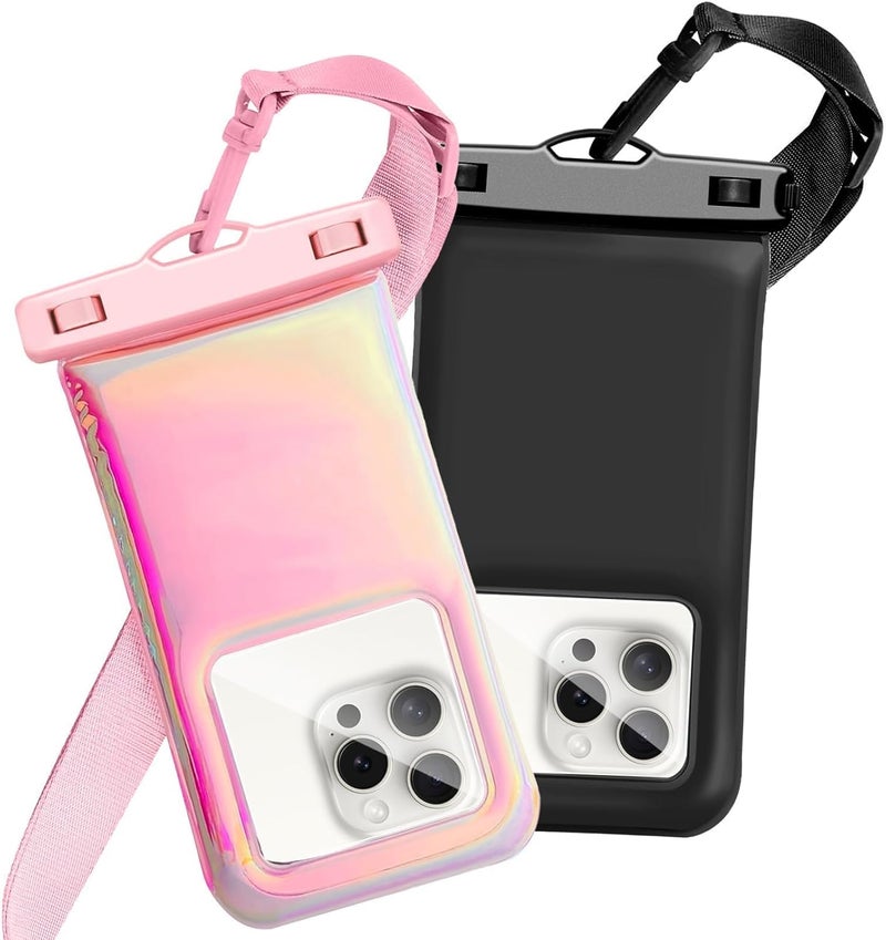 Foweroty Floatable Waterproof Phone Pouch Case 2 Pax for iPhone 17 16 Pro Max/15/14/13/12, IP68 Travel Cellphone Dry Bag Beach Cruise Ship Essentials Bags with Crossbody Lanyard,Pink and Black-7″ - Image 1